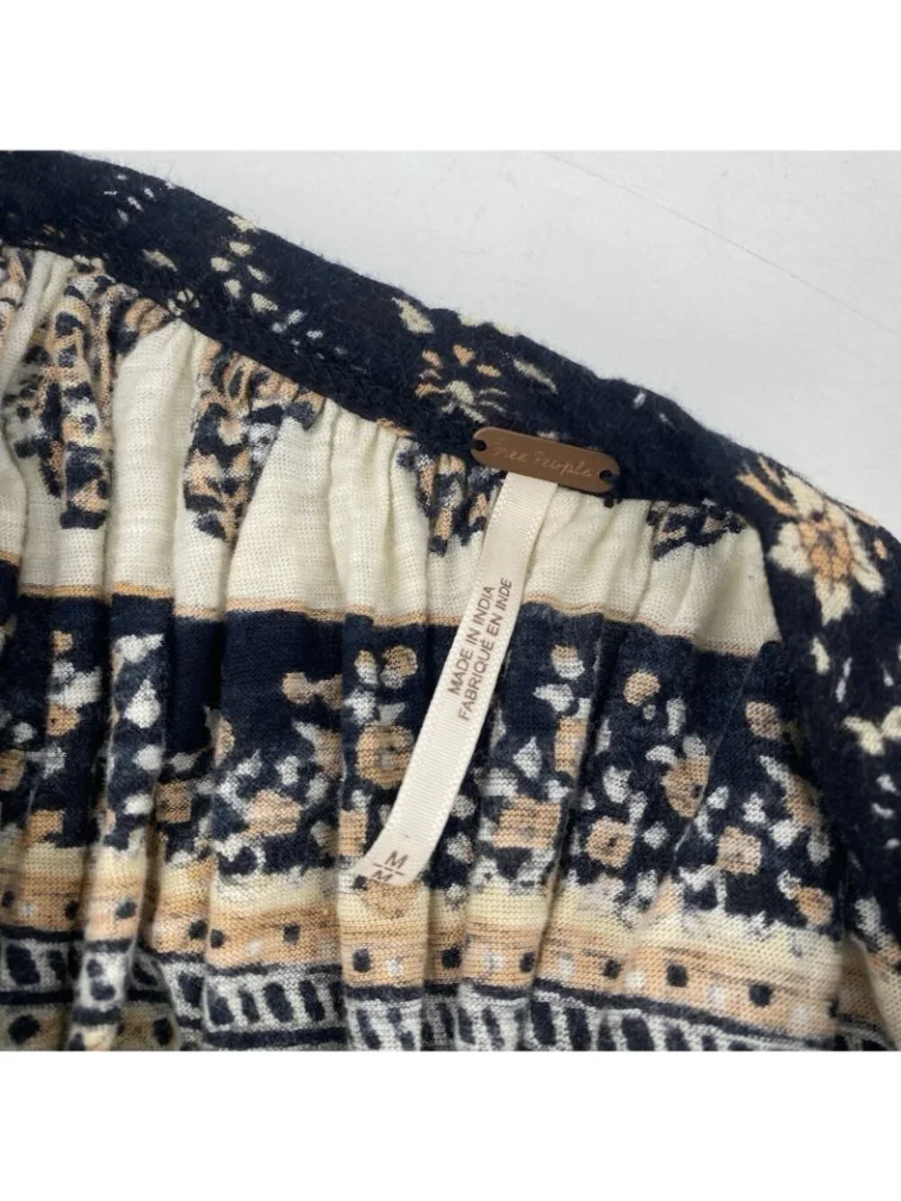 Free People Size M Paisley Puff Sleeve High Neck Black Low Scoop Back Shirt Top